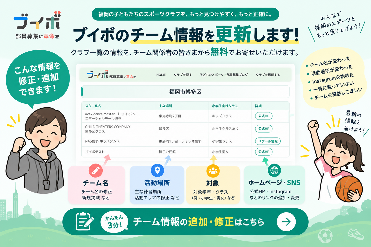 ブイボのチーム情報を更新します。チーム名・活動場所・対象・ホームページ・SNSなどの情報を追加・修正できます。